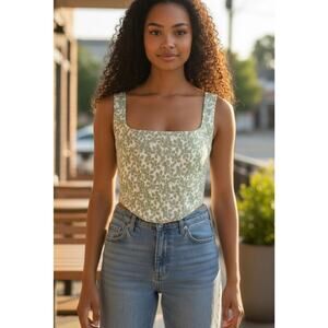 Princess Polly Corset Crop Top Womens sz 8 Green White Floral Ribbed Cute